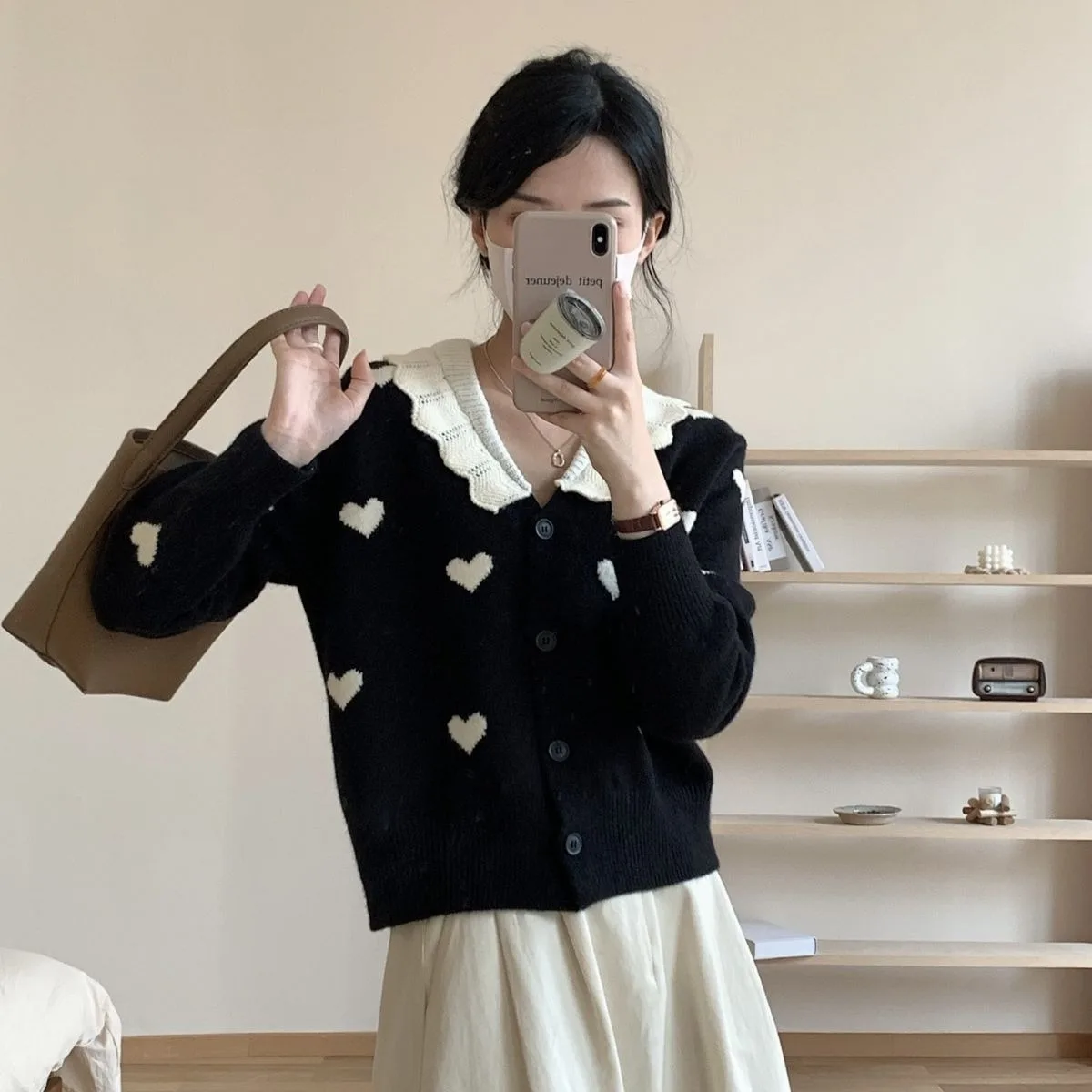 

Baby Neck Knitted Sweater 2023 New Autumn Women's Fashion Contrast Love Print Single Breasted Cardigan Casual Versatile Coat