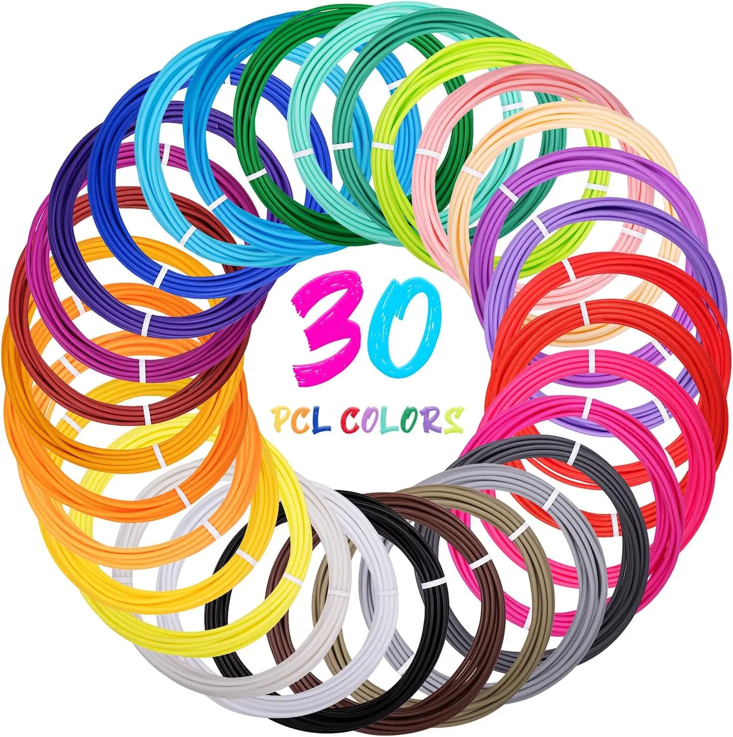 

30 Colors PCL Filament: 30 Vibrant Colors 1.75mm 3D Pen Refills - Low Temperature Safe for Kids Clog-Free Performance