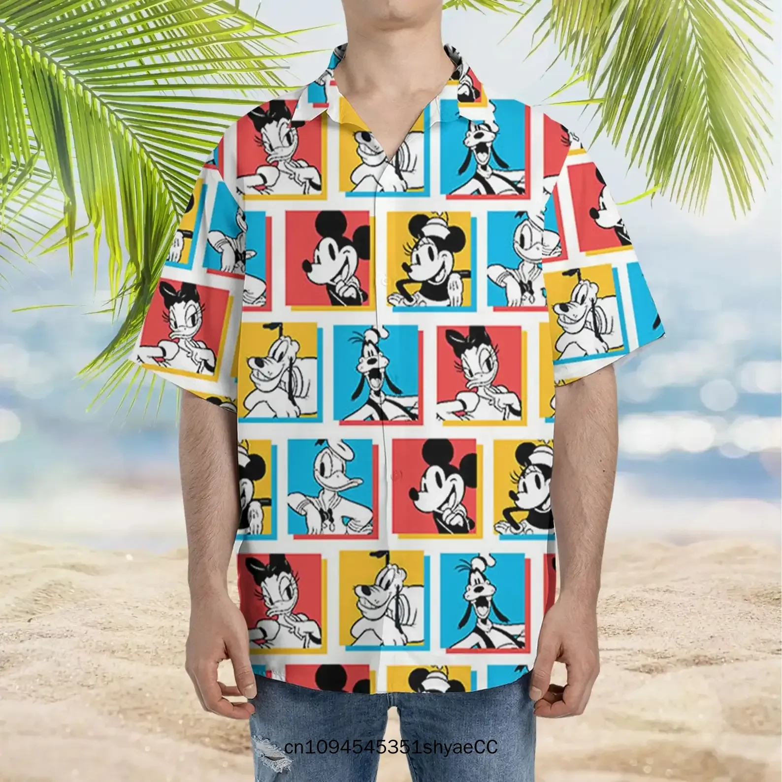 Miniso Disney Characters Hawaiian Shirt Mickey Friends Summer Shirt Men's Disney Hawaiian Shirt Retro Button Short Sleeve Shirt