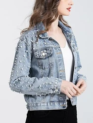 Denim Coat Women Coats Turn Down Collar Full Sleeve Short Jackets Single Breasted Pearl Elegant Splice Jacket Autumn 2024