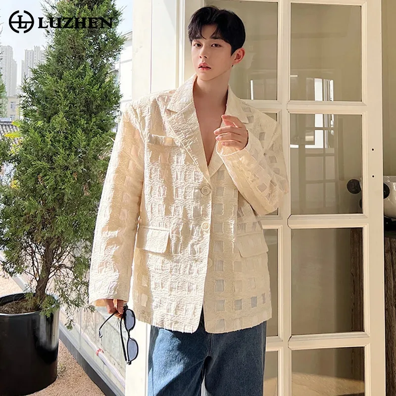 LUZHEN Designer Korean Loose Shoulder Pad Texture Plaid Sunscreen Blazer Coat Men's Elegant Casual Simplicity Thin Tops LZ6435