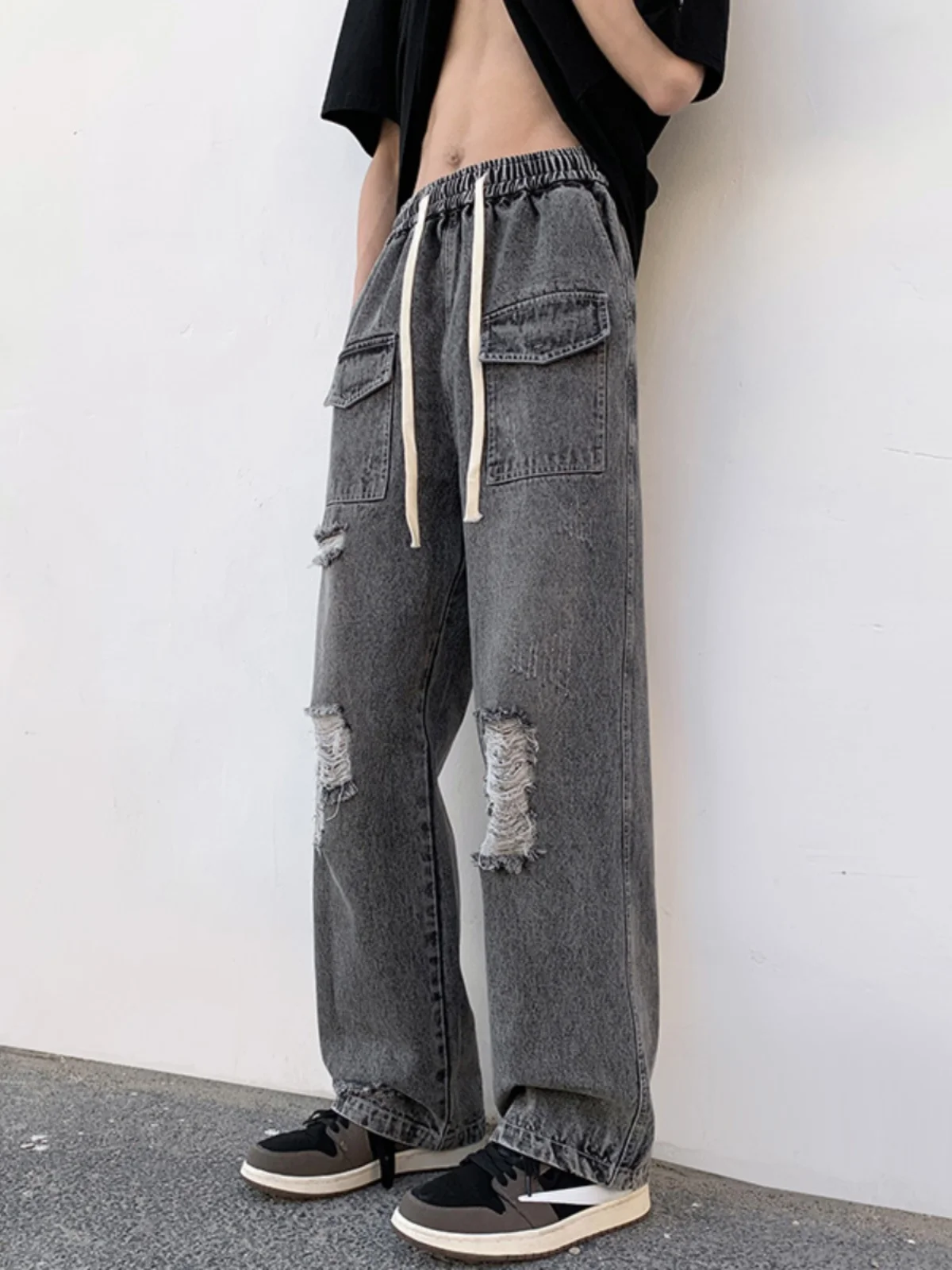

Spring Autumn Men's Loose Straight Leg Jeans Trendy Brand Hole Design Wide Leg Pants Cool Sle Long Trousers Casual Faion