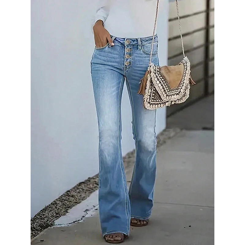 Nieuwe Lente Zomer Dames Jeans Retro Afslanken Multi Button Hoge Taille Lichte Flare Broek Gewassen Casual Wome Jeans TC08324