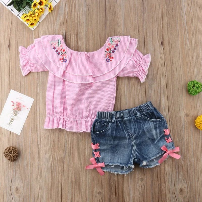 

Wholesale Embroidered off-the-Shoulder Jeans Two-Piece Suit Summer Short-Sleeved Girls' Summer Clothes