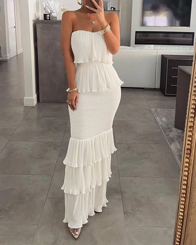 

Summer Bandeau Dress for Women Shirred Ruffle Hem Layered Dress Slim Party Dress Maxi Ruffles Female Dress New 2023