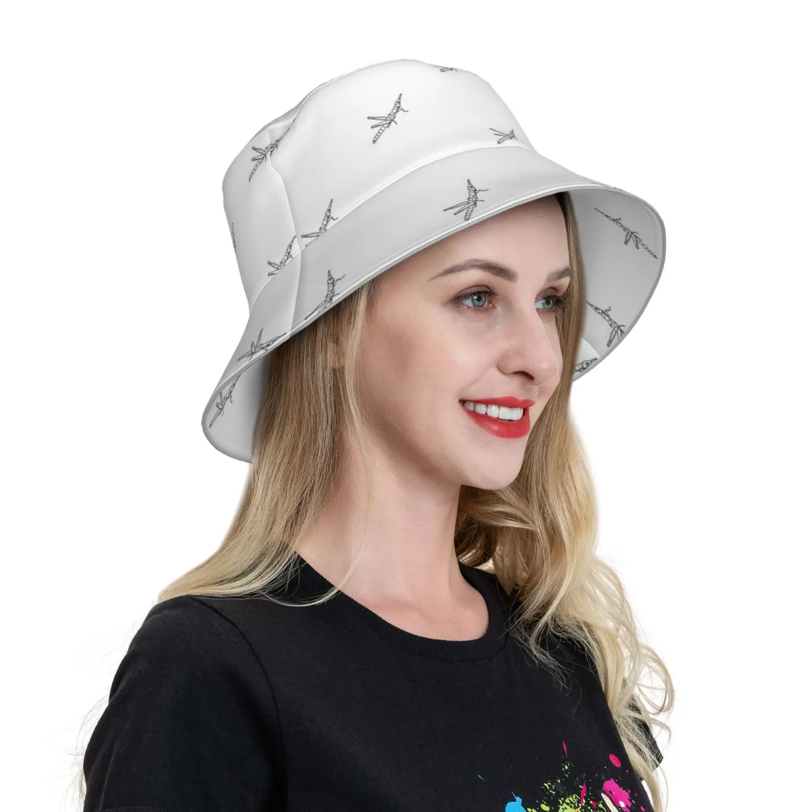 Drawing Bucket Hat Fashion Soft Personalized Pattern Gift Cap Grasshopper Insect Cricket Linedrawing Line Blackandwhite