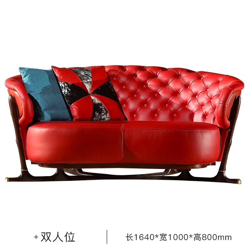

Modern New Chinese Style Red Leather Ugyen Wooden Sofa Combination Small Apartment Light Luxury Solid Wood Furniture