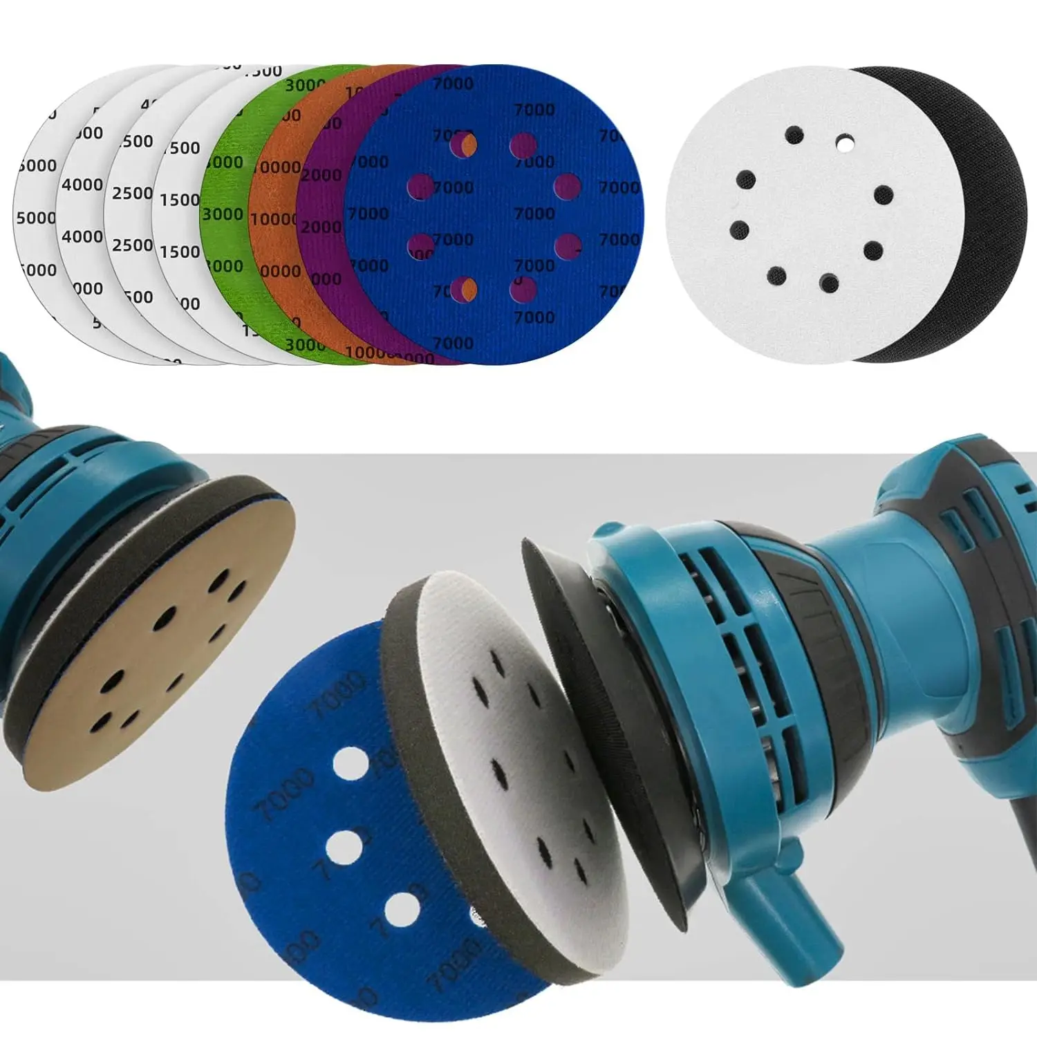 5 Inch 8 Hole Hook and Loop Sanding Discs 82 Pcs Assorted 1500/2000/2500/3000/4000/5000/7000/10000 Grits with Interface Pad