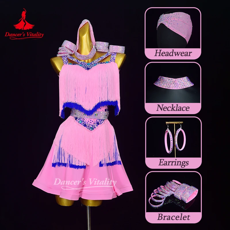Adult Sleeveless Latin Luxury AB Stones Two-Tone Matching Tassels Dress Customize Dancer's Vitality Chacha Samba Salsa Clothing