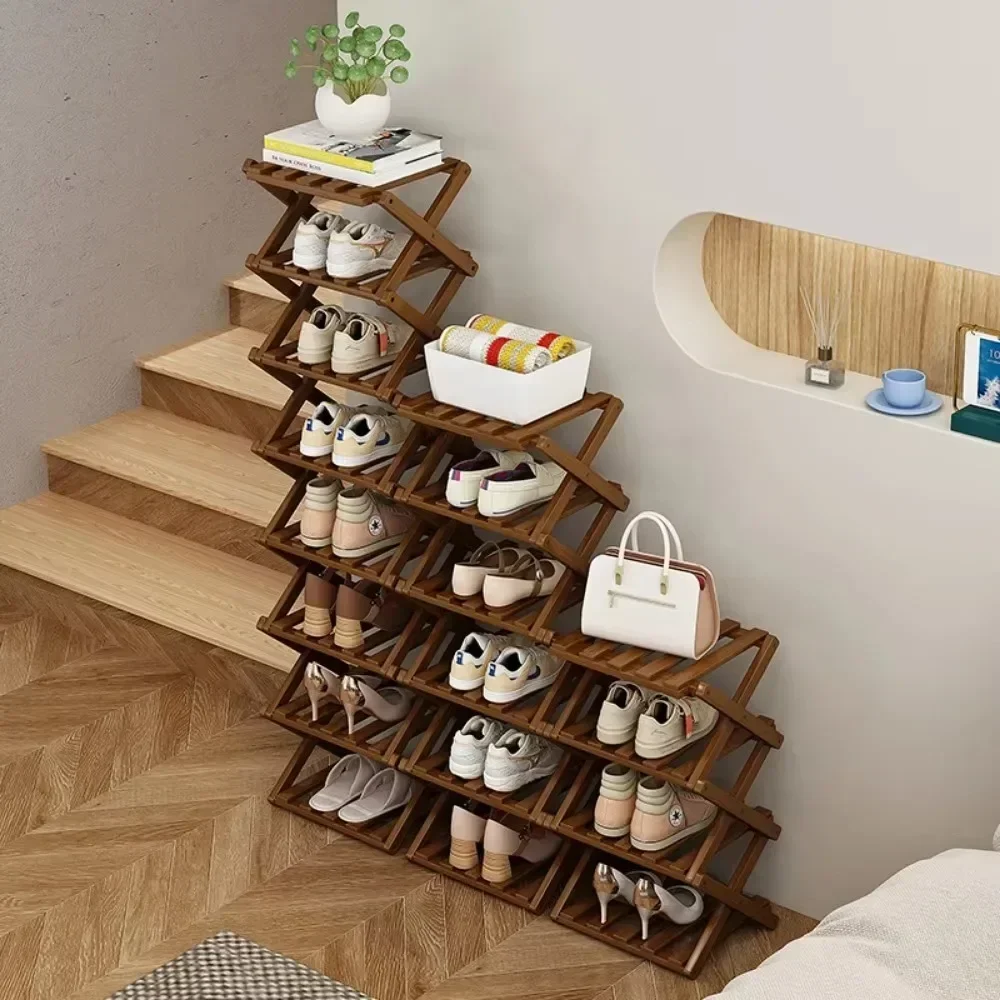 Shoe Rack Bamboo Made Telescopic Doorway Shoe Rack Multi Layer Simplicity Foldable Shoes Shelves No Installation Required Frame