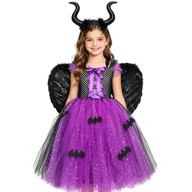 Long Puffy Kids' Queen Dress in Witch Style, Purple and Black Matching Outfit with Bat Prints, Sparkly Halloween Party Dress