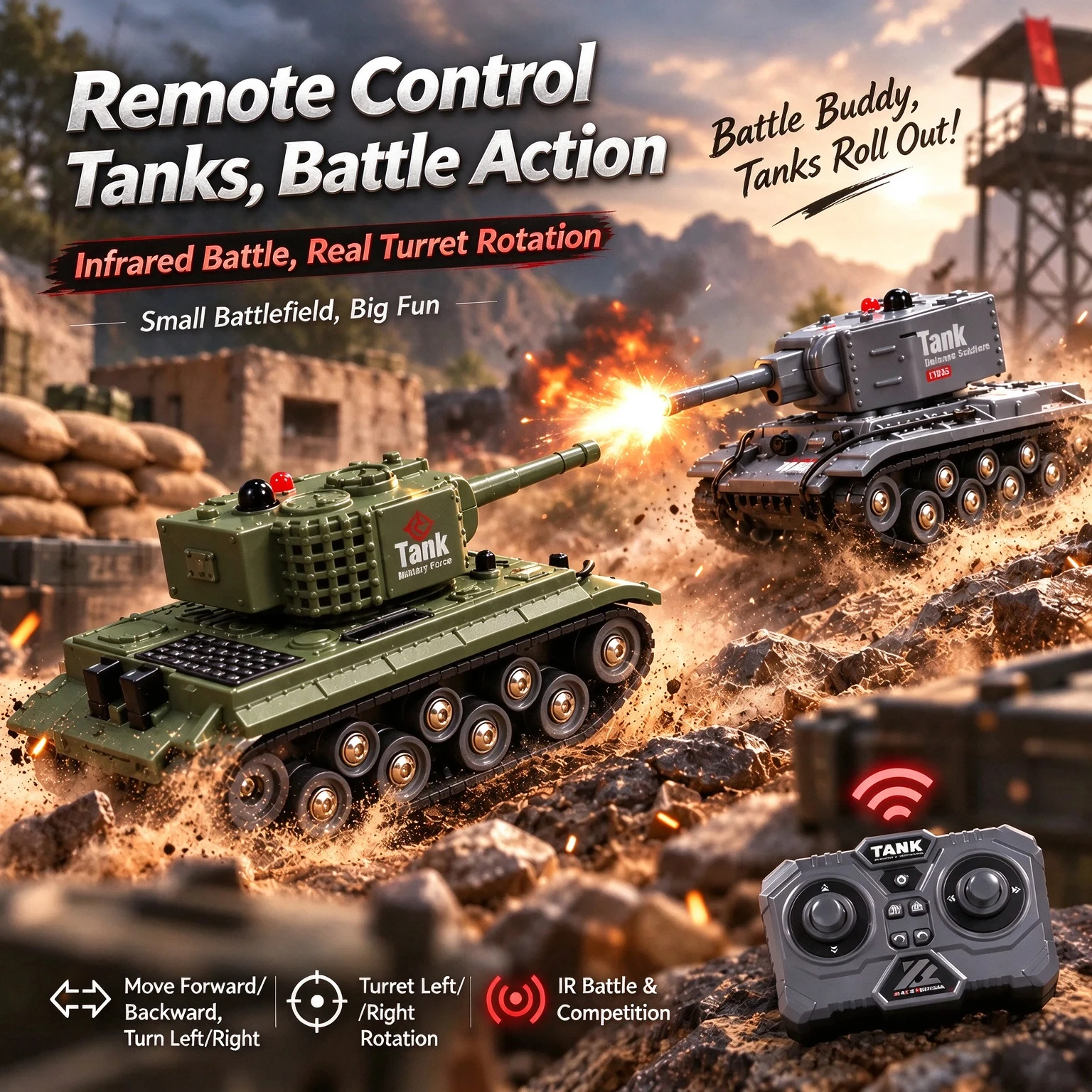 Infrared Battle RC Tank, Tracked Off-Road Vehicle with Thick Rubber Tracks for Climbing & All-Terrain, Gift for Boys