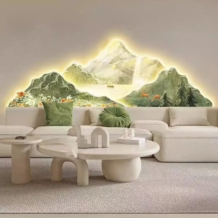 Crèmestijl schilderijen versieren bergschilderijen, high-end verlichting en achtergrond aan de muur gemonteerde wandlampen