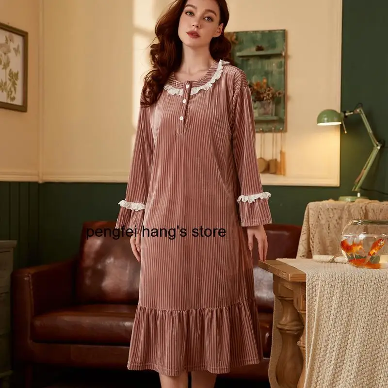 Winter Velvet Sleepwear Kimono Gown Women Patchwork Lace Nightgown Korean Version Long Sleeve Home Wear Casual Warm Home Clothes