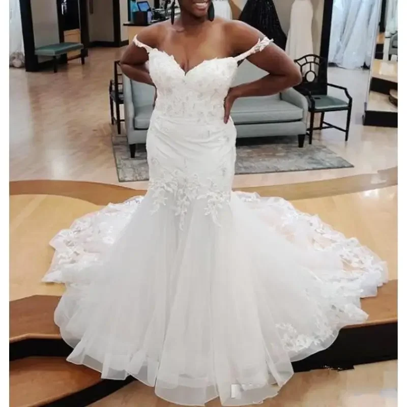 Customized African Sweetheart Mermaid Wedding Dresses With Lace Appliques Sweep Train Bridal Gowns Plus Size Vestido De Novia