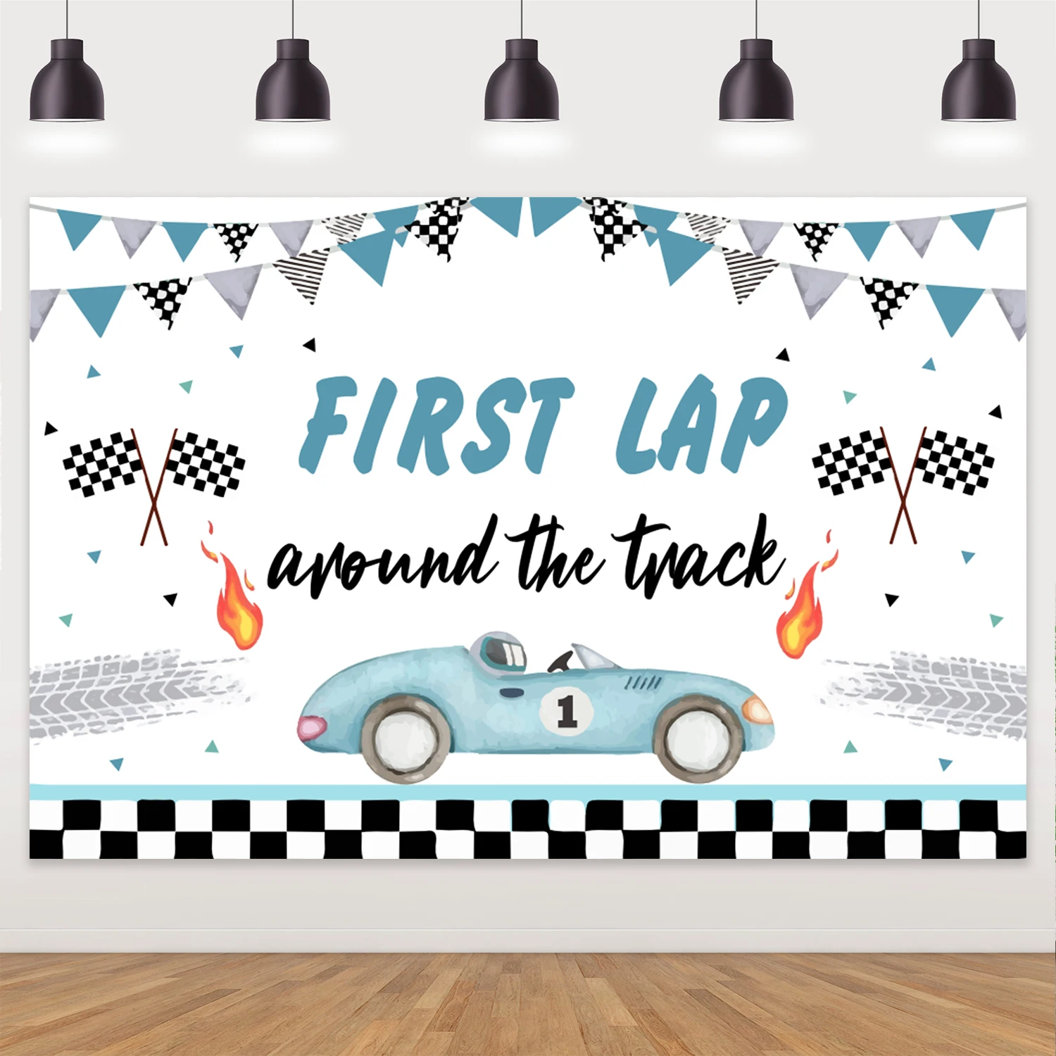 Racing Themed Party Backdrop,Racing First Lap Around The Track Background for Boys 1st Birthday Party Supplies