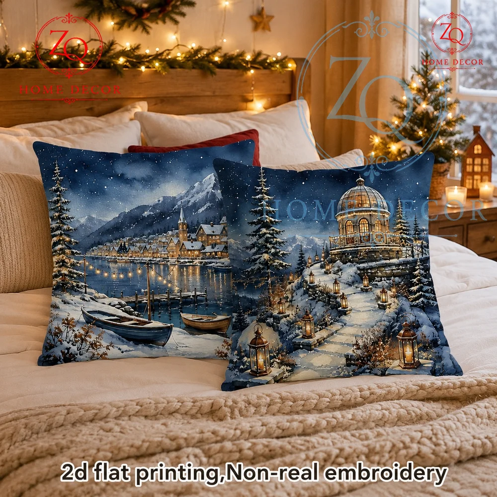 Christmas Winter Village Lake Scene Throw Pillow Cover Watercolor Night Snowy Coastal Town Cushion Case  Holiday Home  Decor
