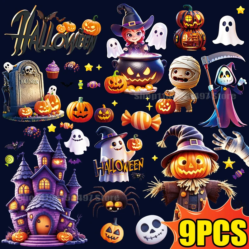 Window Stickers 9pcs/set Halloween Party Castle Bat Spiderweb for Living Room Double-Sided Static Cling Adhesive-Free Removable