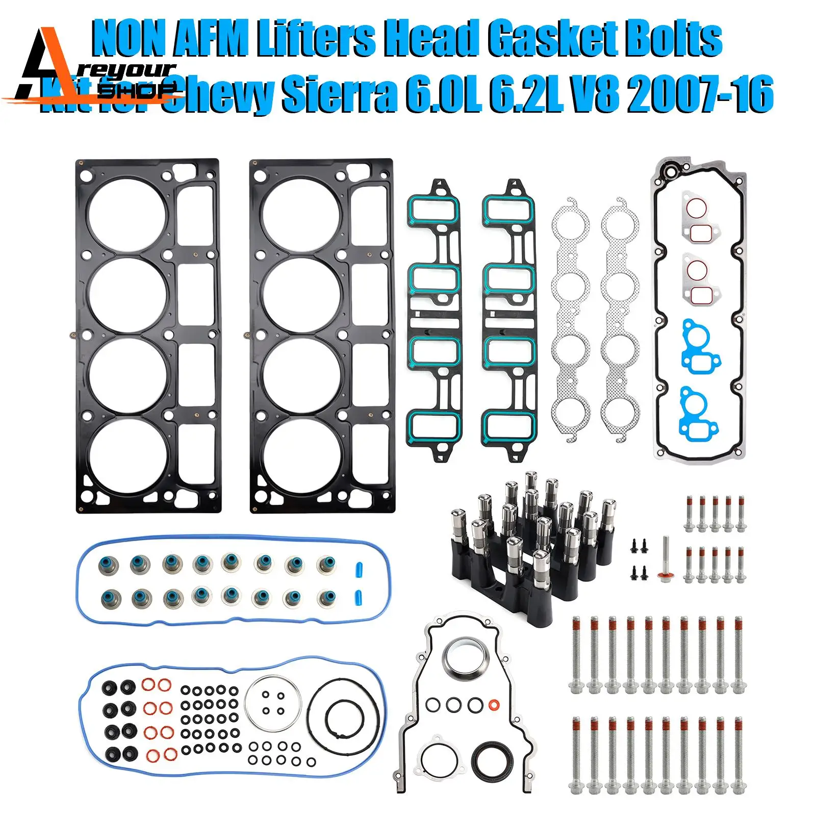 Areyourshop NON AFM Lifters Head Gasket Bolts Kit for Chevy Sierra 6.0L 6.2L V8 2007 2008 2009 2010 2011 2012 2013-2016