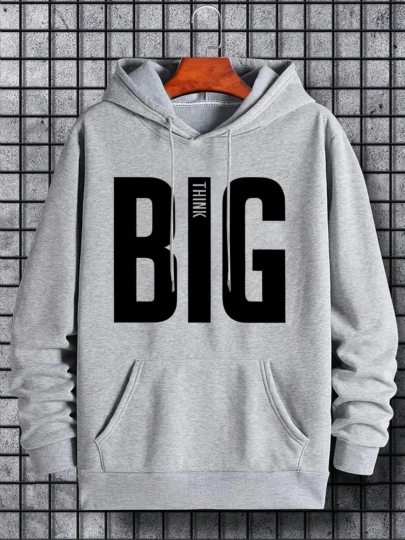 Men BIG THINK Letter Graphic Hoodie Bold Text Front Print Hooded Sweatshirt Autumn Winter Fleece Loose Unisex Hoodie