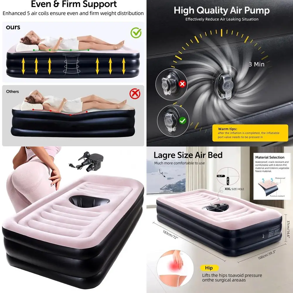 Cama de recuperación BBL mejorada: colchón inflable posquirúrgico con bolsa de transporte y bomba, superficie de sueño aterciopelada impermeable - Pin negro
