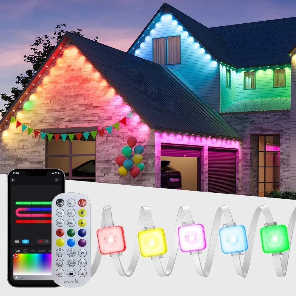 Luce per grondaia intelligente RGB + IC Luci esterne permanenti Controllo app Temporizzatore di sincronizzazione musicale IP67 Impermeabile per decorazioni quotidiane per le vacanze di Natale