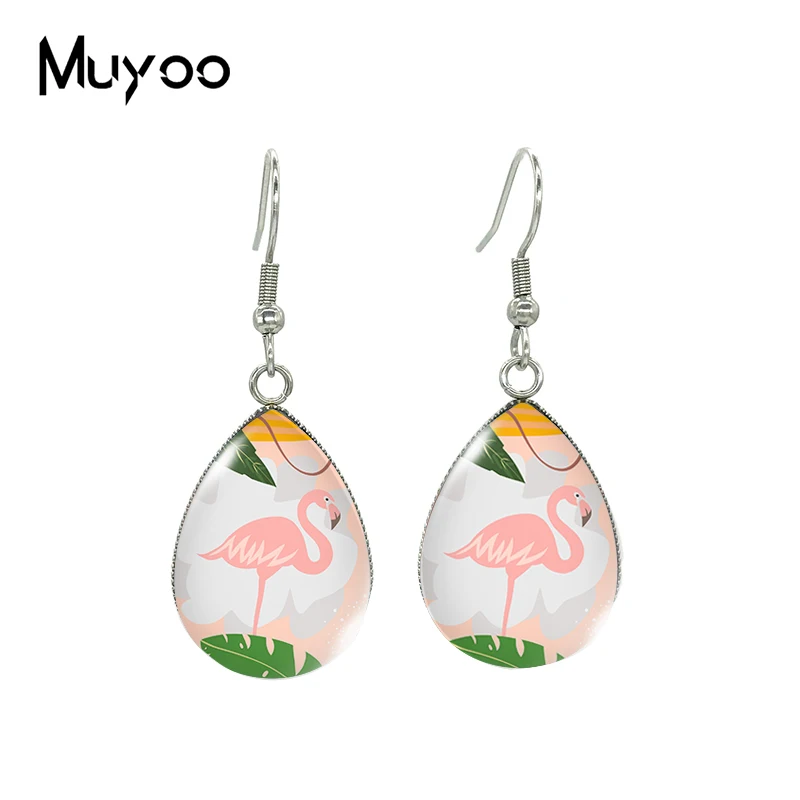 2023 New The Pink Flamingo Tear drop Earring Bird Art Fish hook Earrings Glass Cabochon Jewelry Handmade Items