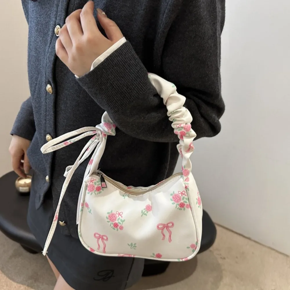 

Simple Ruched Flower Pleated Underarm Bag Sweet Bowknot Nylon Handbag Portable Handle Floral Shoulder Bag Gifts