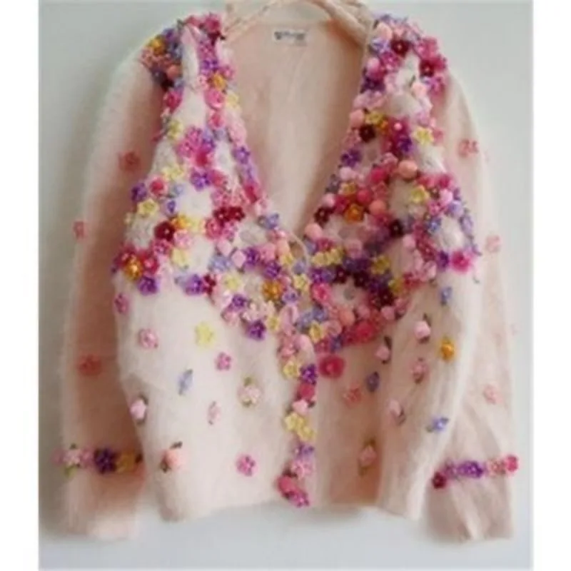 Luxury Handmade 3D Flowers Pink Mohair Sweater Coat Crocheted Floral Mink Cashmere Jacket Plush Knitted Cardigan Knitwear Tops