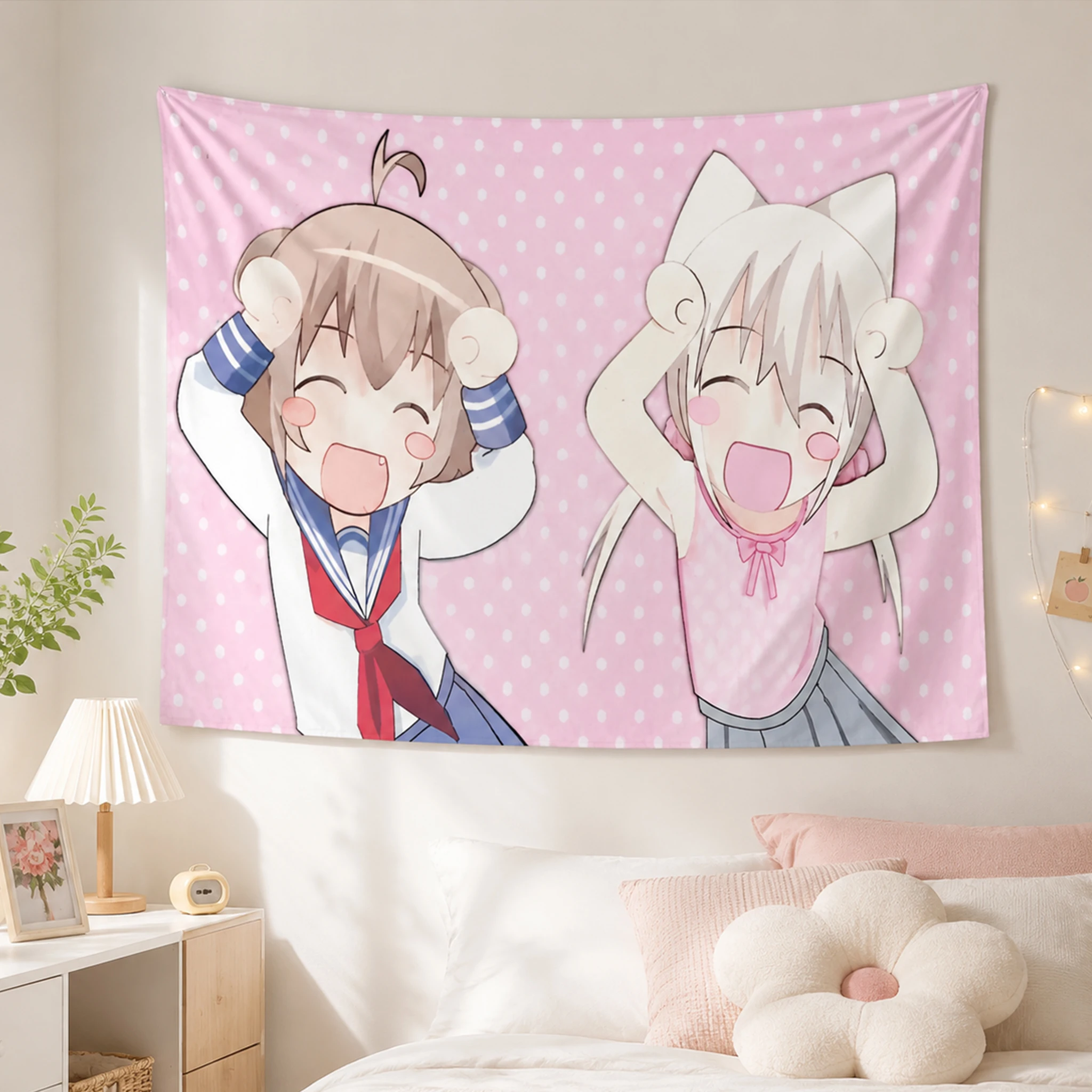 Onimai I'm Now Your Sister Mahiro & Mihari Tapestry, Pink Polka Dot Cute Chibi Anime Wall Hanging for Girls Bedroom Dorm Decor
