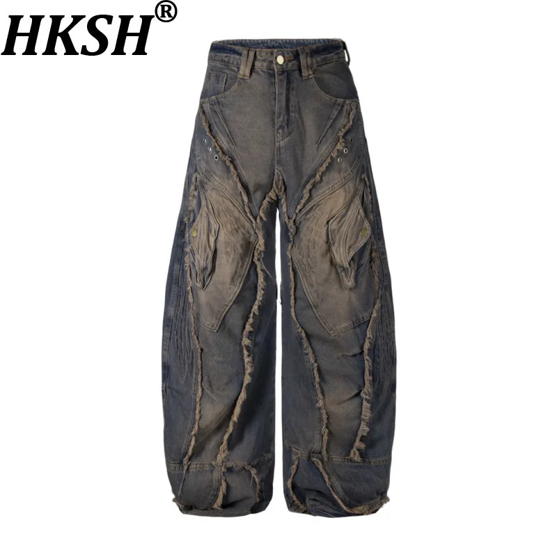 

HKSH Spring Autumn New Men Tide Heavy Washed Frayed Deconstructed Jeans Trendy Spliced Hip Hop Chic Wide-Leg Denim Pants HK18744