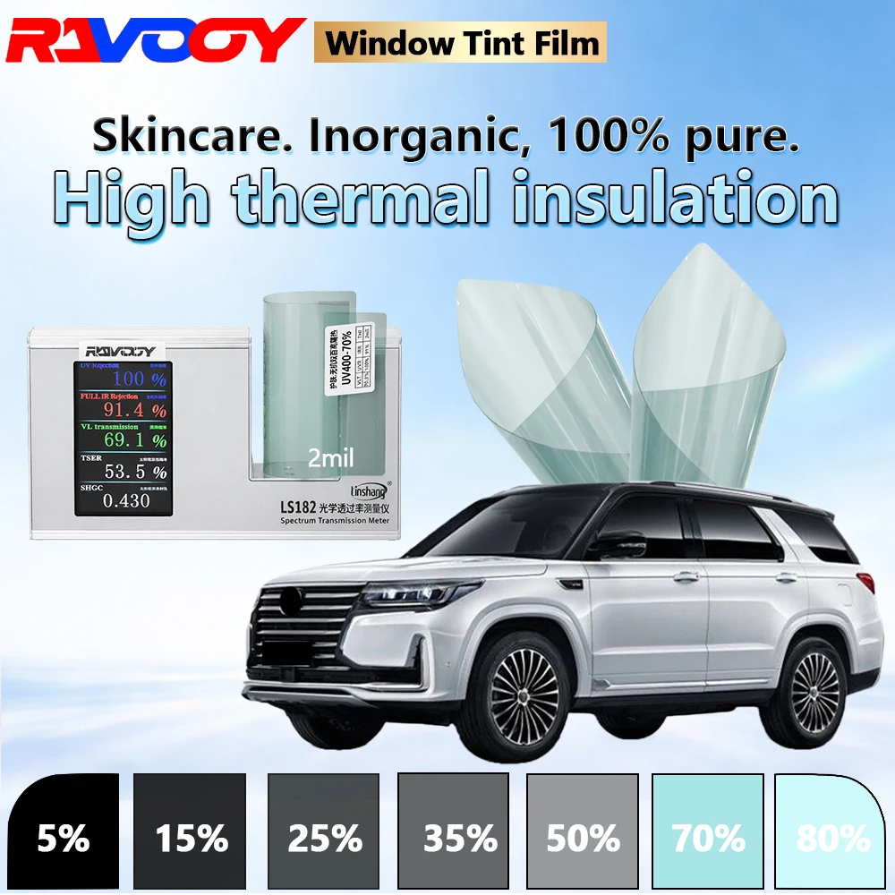 

Автомобильная нанокерамическая пленка RAVOOY UV400-70% Series, 2 мил, 69.1% VLT, высокая теплоизоляция, защита от солнца, 152 см x 30 м
