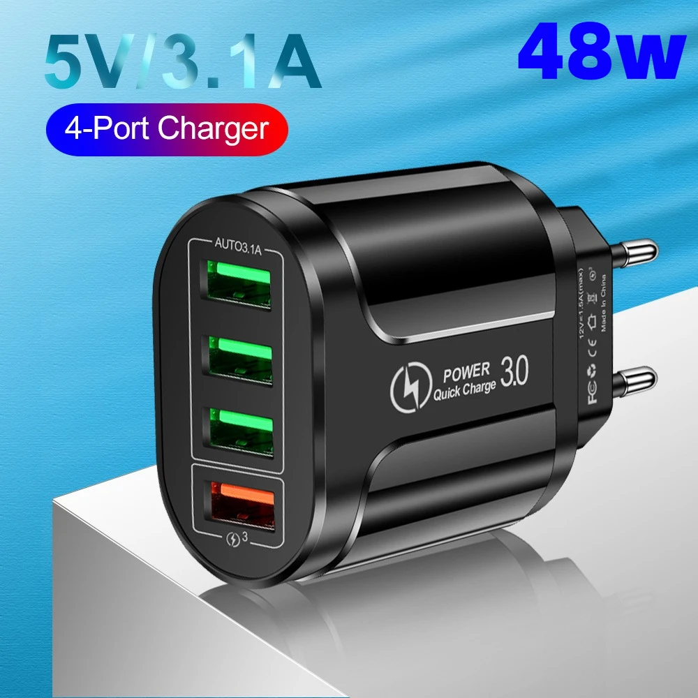 48W Quick Charge 4 Port USB Fast Charger 3.0 Charging Hub for iPhone Samsung Xiaomi Huawei EU US KR Plug Travel Desktop