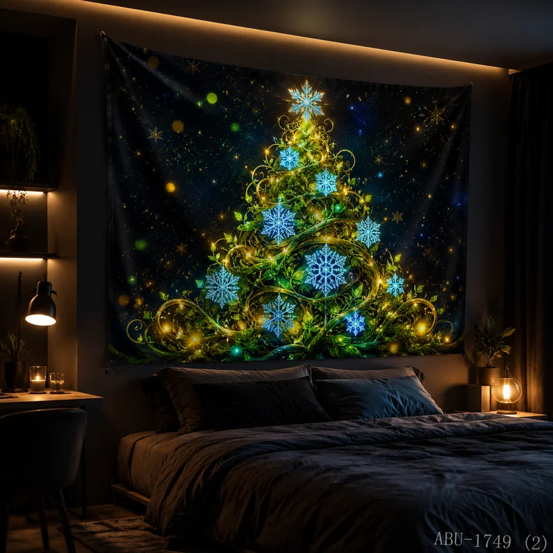 VIKAMA Neon Purple Blue Gift Box Tree Reindeer Halo Snowflake Crystal Mountain Christmas Tapestry Wall Hanging Bedroom Living