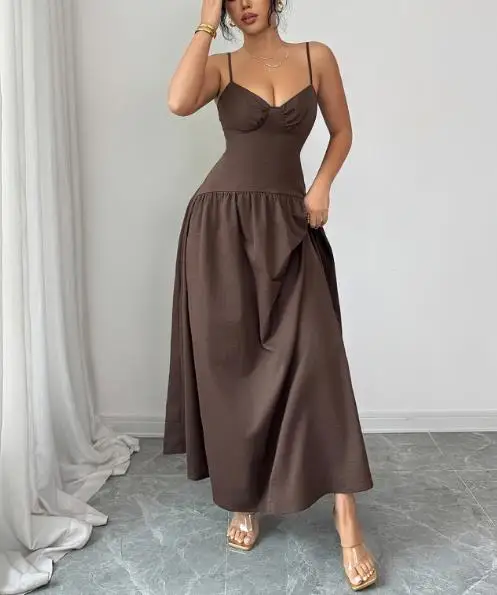 

2026 Spring/summer Elegant Women's Retro Style Waist Sleeveless Strap Dress