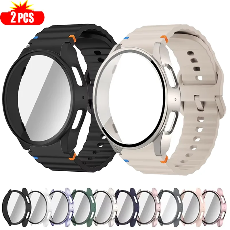 2pack Case+Strap for Samsung Galaxy Watch 7 40mm 44mm Band Tempered Glass+ PC Bumper for Galaxy Watch 7/4/5/6 Protective Cover