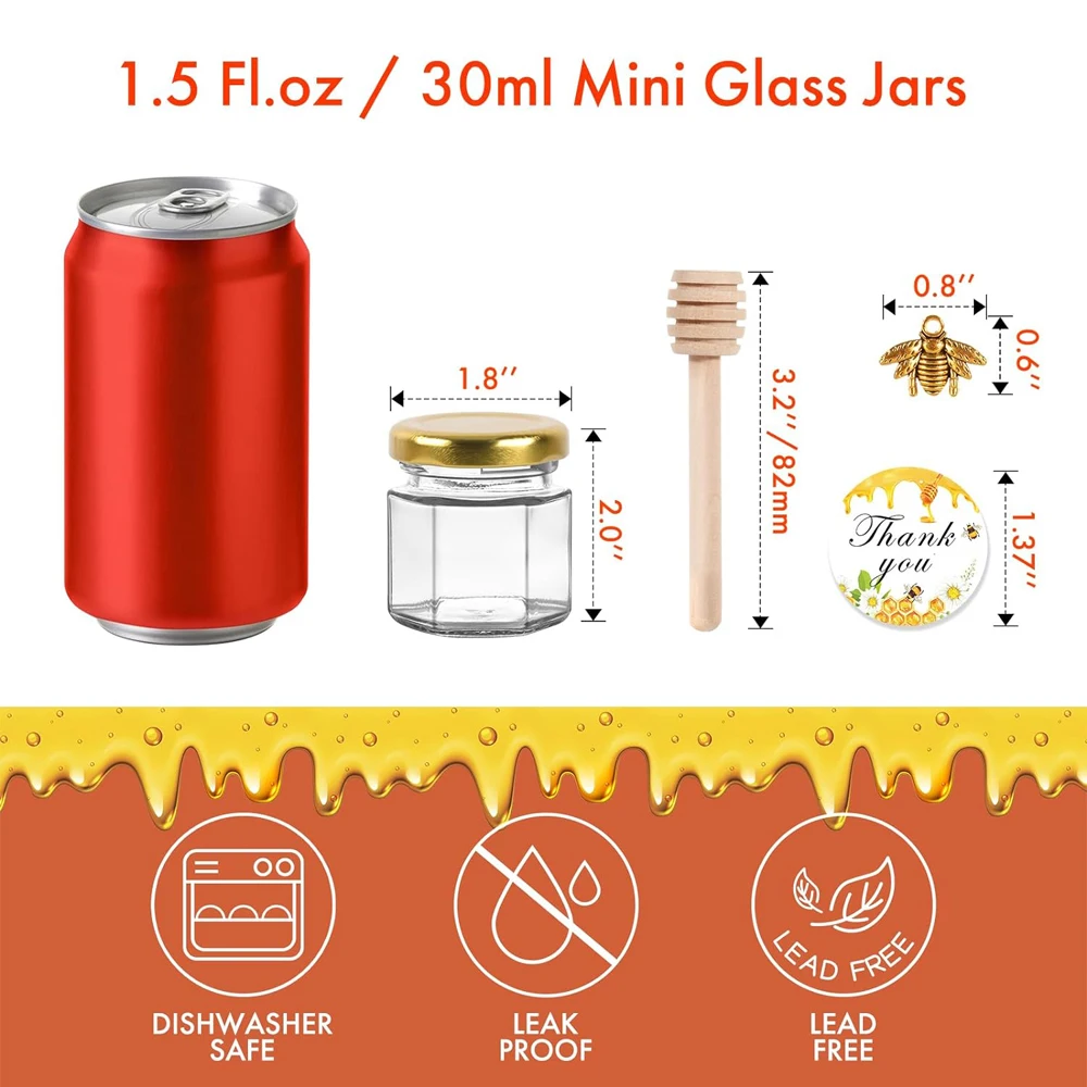 12pack 1.5oz Hexagon Glass Mini Honey Jars with Dipper Party Wedding Baby Shower Favors for Guests Candy Jars with Stickers