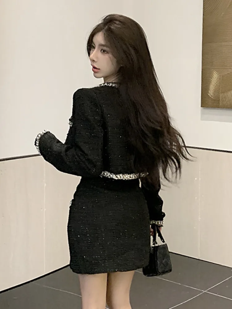 Autumn Winter Small Fragrance Tweed Two Piece Set For Women Short Jacket Coat + Dress Sets Korean Fashion Sweet 2 Piece Outfits