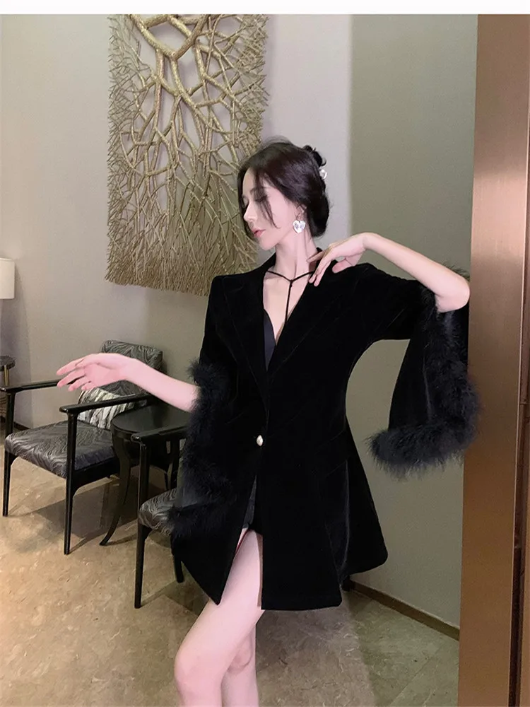 Chic V Neck Black Velvet Blazer French Style Feather Fur Sleeve Slim A Line Jacket 2024 New Spring Fashion Mid Length Cloak Coat