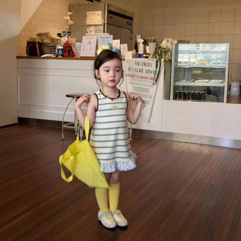 

2026 Summer New Children's Sweet Contrasting Color Small Fresh Striped Round Neck Patchwork Lotus Leaf Hem Dress