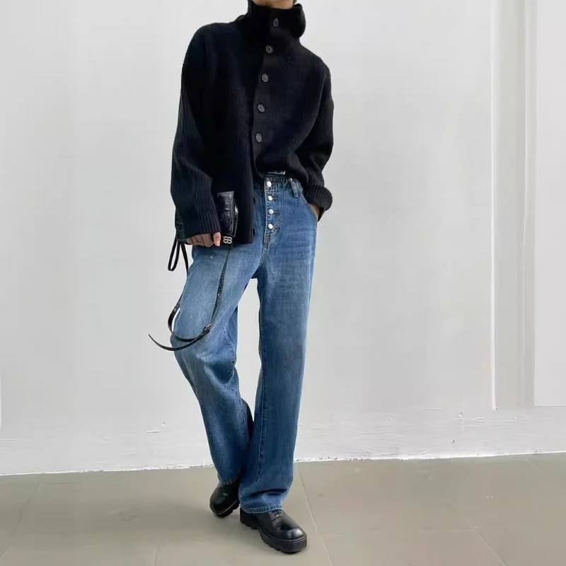 

Женский вязаный кардиган свободного кроя в стиле лоу-эйдж, универсальный свитер на осень-зиму, новинка, минималистичный, в рубчик, на одной пуговице