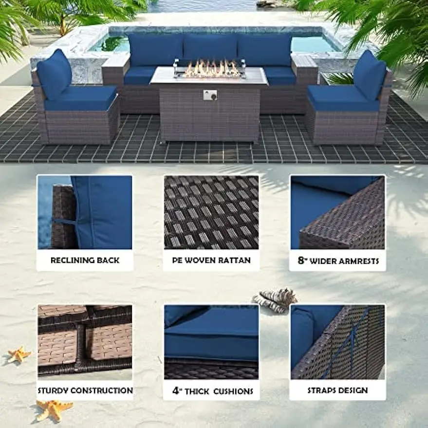 7Pcs Outdoor Patio Furniture Set w/ Gas Fire Pit Table Sectional Sofa w/43in Propane Fire Pit, 55,000 BTU Auto-Ignition Firepit