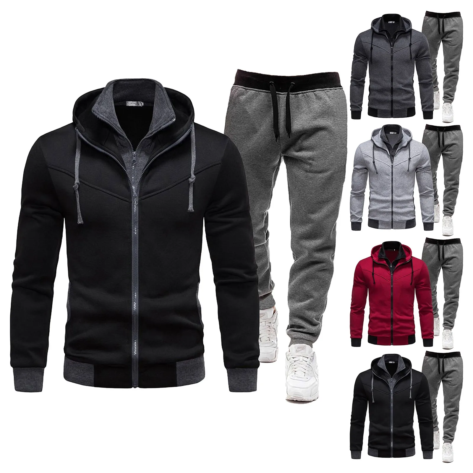 Men\'s Casual Tracksuit Set Long Sleeve Full Zip Running Jogging Athletic Sweat Suits Business Suits Guys Tuxedo