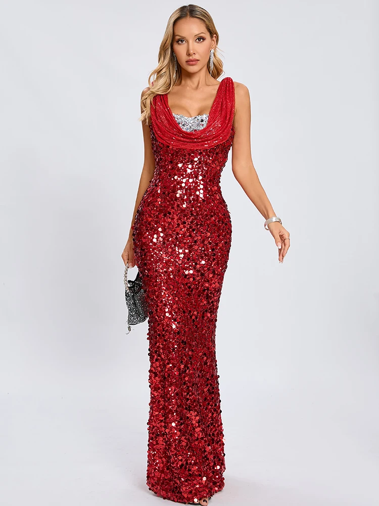 Festa à noite vermelho lantejoulas glitter vestido longo dupla camada pescoço sem mangas brilhante pergaminho vestidos finos