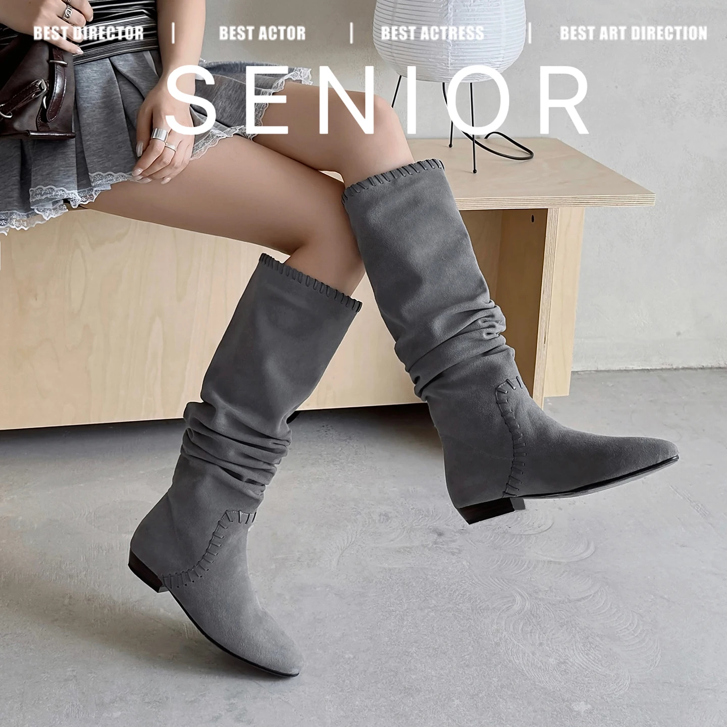 2026 new autumn winter women knee-high-boots 22-24.5cm cow suede pointed toe low heel modern boots long boots Lace pile boots