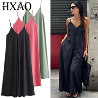 HXAO 2025 Vestido lencero para mujer, vestido de verano verde, rojo y negro, Vestidos largos informales con cuello en V y espalda descubierta, Vestidos sin mangas, Vestidos de resort