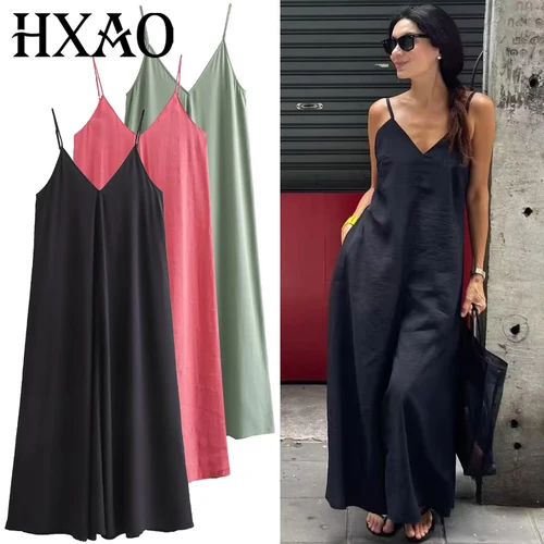 HXAO 2025 Vestido lencero para mujer, vestido de verano verde, rojo y negro, Vestidos largos informales con cuello en V y espalda descubierta, Vestidos sin mangas, Vestidos de resort