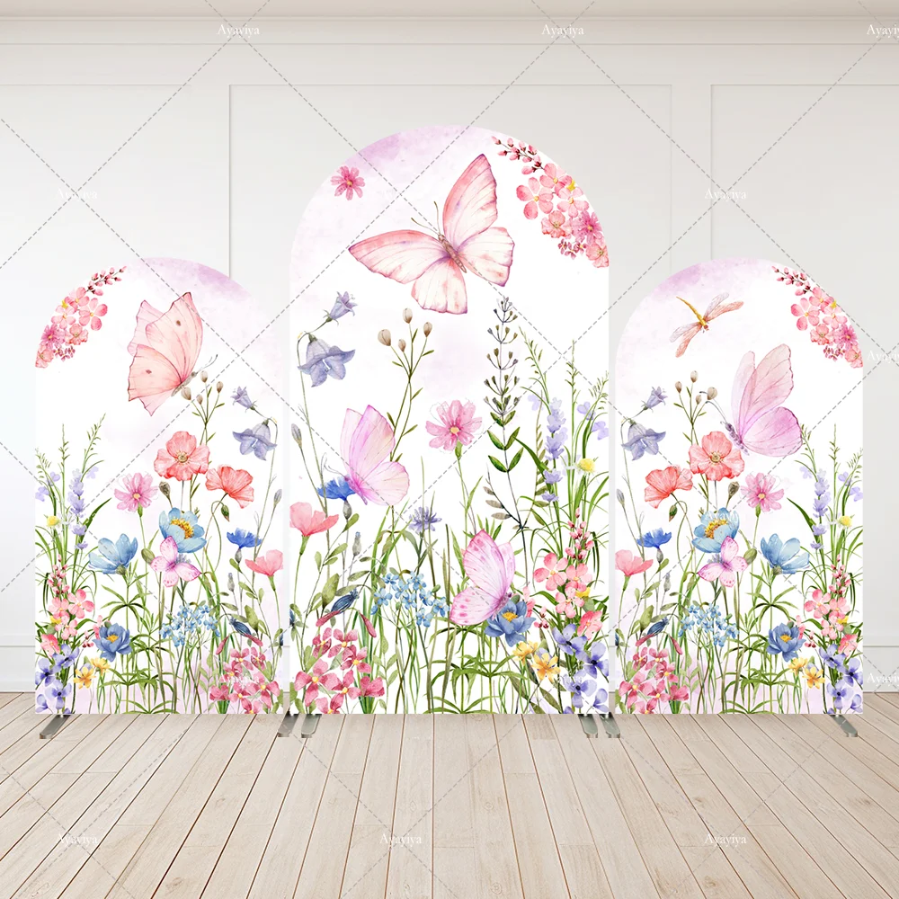 

Spring theme Wildflower Butterfly Birthday Party Arch Backdrop Cover Children Girls Baby Shower Arched Wall Banner Doublesided