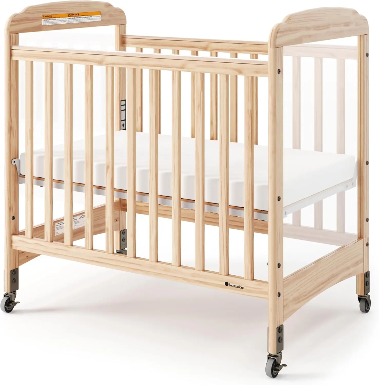 Serenity Compact Clearview Daycare Crib, Fixed Side, Durable Wood Construction, Adjustable Mattress Board, Clear End Panels.