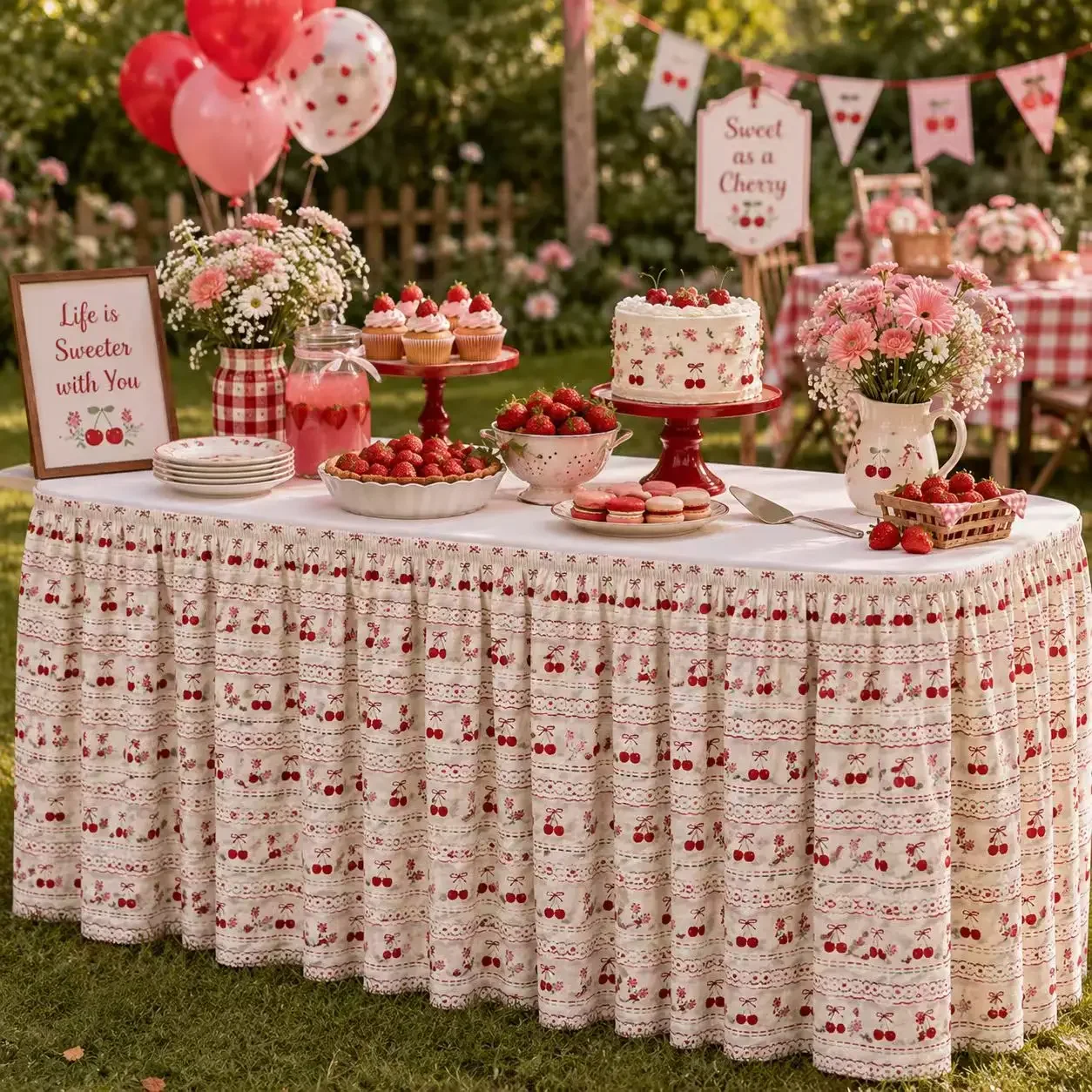 tableskirt 1 piece 2D flat printing, tablecloth with cherry chip pattern as the design featuring a retro and sweet country style